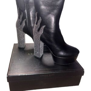 Azalea Wang Black Boots with Glittering Silver Flame Heels